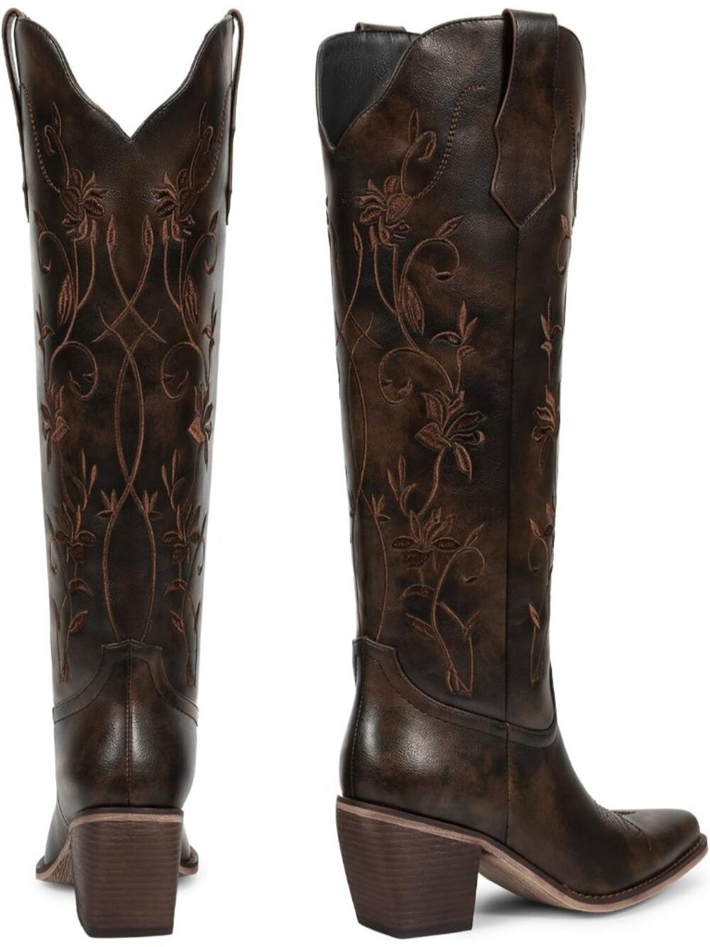 Women's Knee High Cowgirl Boots Vintage Brown Retro Embroidered Chunky Heels - Picture 6 of 6